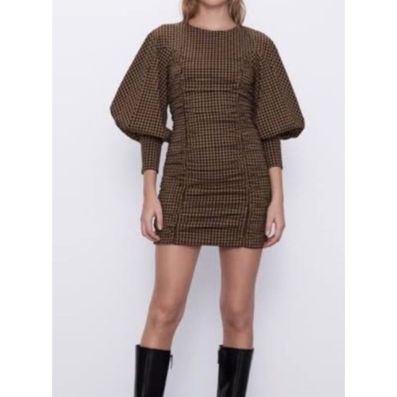 Zara Bloggers Fave Check Draped Balloon Sleeve Mini Dress M - Picture 4 of 9